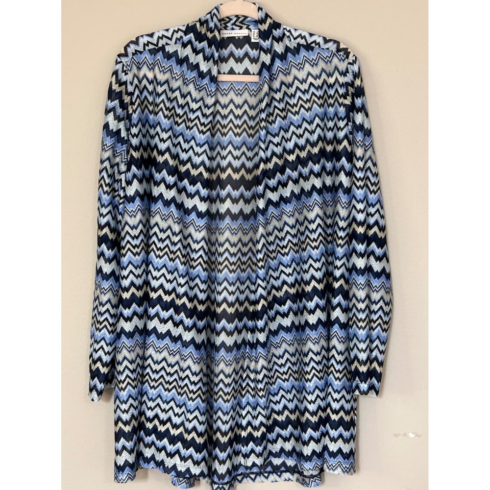 Susan Graver Blue Chevron Zigzag Open Front Cardigan Knit Topper 1X A351008